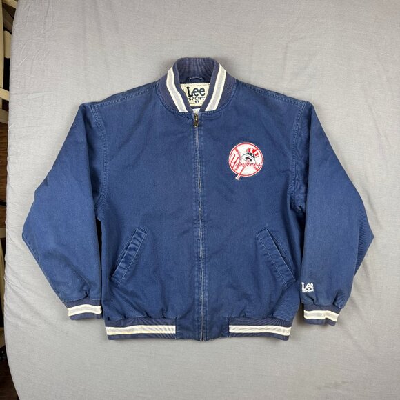 Vintage New York Yankees Bomber Jacket Mens Large Embroidered Logo Navy Blue - Picture 1 of 11